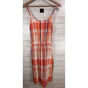 Old Navy Women's Linen Sheath Sundress Dress Peach Orange Plaid Boho Pocket Sz M